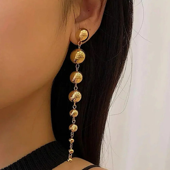Gold Ball Drop Beaded Dangle Earrings - Picture 2 of 5